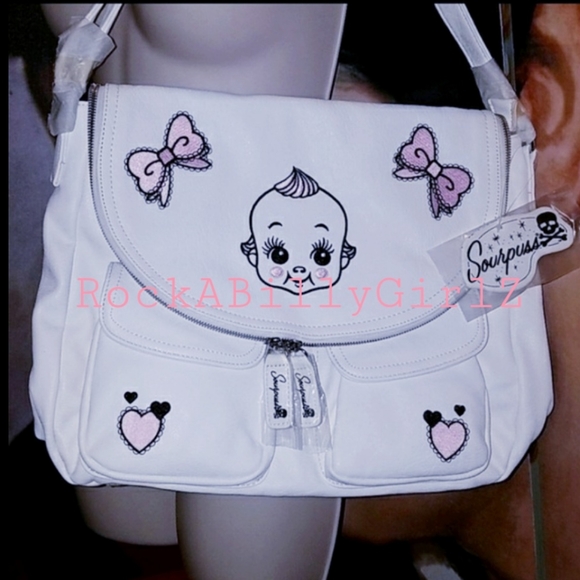 Sourpuss Nomad 1920's Kewpie Doll Baby Pink Bows Hearts Purse Vegan Leather Bag - Picture 2 of 15